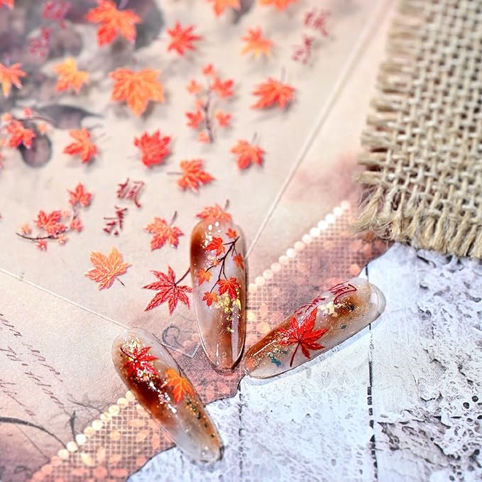 1 Sheet 5D Embossed Autumn Maple Leaves Nail Stickers for Nail Art Thanksgiving Day Nail Art Stickers Fall Nail Decals Red Glitter Maple Leaf Nails Design Nails Decoration DIY for Women Nail Supplies