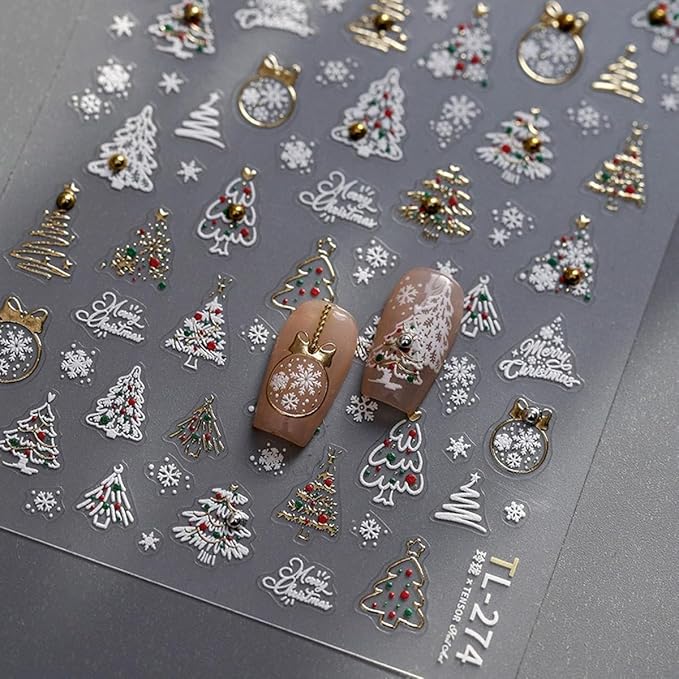 Christmas Nail Art Stickers 5D Christmas Tree Snowflake Nail Decals with Pearl 1PCS White Gold Xmas Tree Crystal Ball Snowflakes Design Self-Adhesive Holiday Stickers for Nails Manicure Decoration