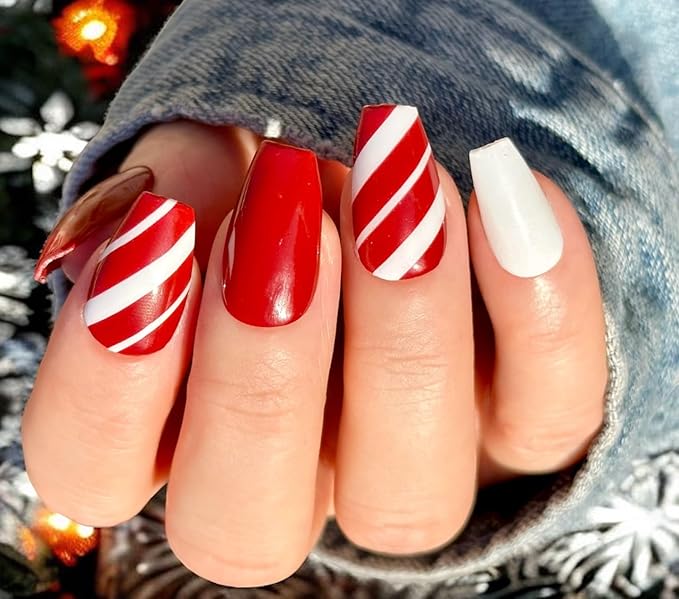 | 20 Exquisite Gel Nail Polish Strips w/Application Accessories - No UV/LED Lamp Required (Holiday | Candy Cane Lane)