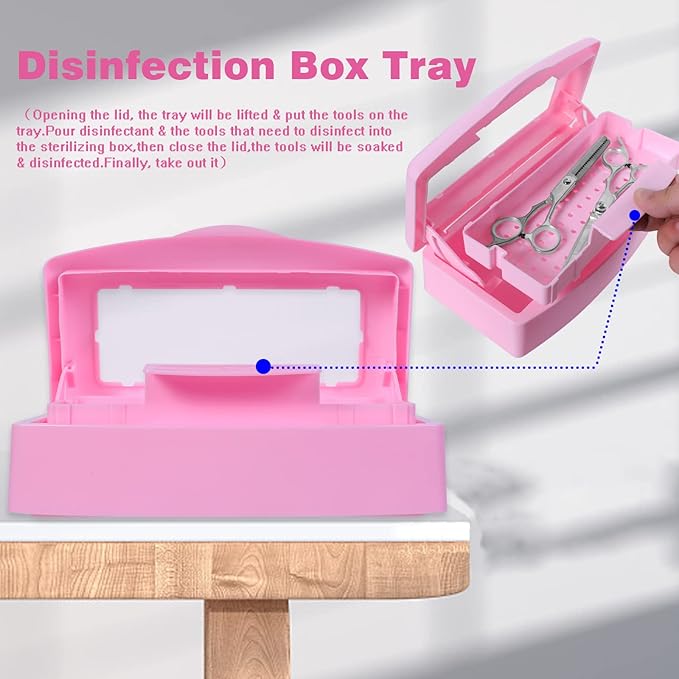 Plastic Sterilizing Tray-Barbicide Sterilization Tray,Clean Sterilizer Box Storage Organizer for Nail,Tweezers,Hair Salon,Spa & Cutter Manicure Equipment-Clear Lid Pink