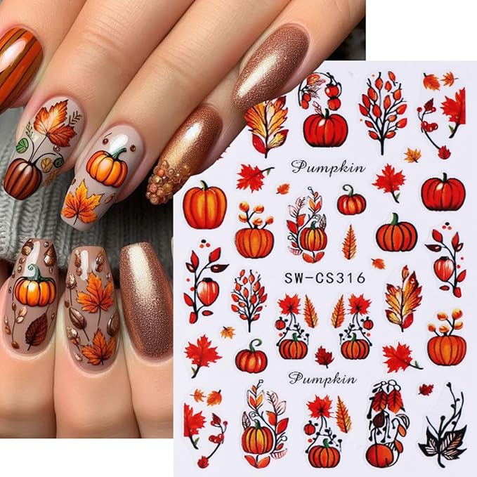 Fall Nail Art Stickers Decals 6Pcs Pumpkin Maple Leaves Nail Decals 3D Self-Adhesive Autumn Fallen Leaves Nail Stickers Cute Harvest Thanksgiving Day Manicure Sliders for Women Nails Art Decorations