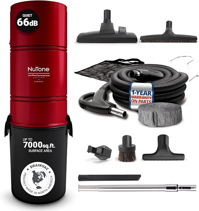 Drainvac Broan-nutone 650 Air watts Central Vacuum System and Deluxe Multi-Surface Tool Set for Cleaning Floors,Carpets Anti-Vibration, Powerful Suction