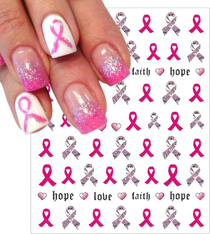 Breast Cancer Nail Art Stickers 3D Self-Adhesive Pink Ribbon Nail Stickers Heart Breast Cancer Awareness Design Nail Decals Stickers for Women Girls DIY Manicure Decoration 8Sheets