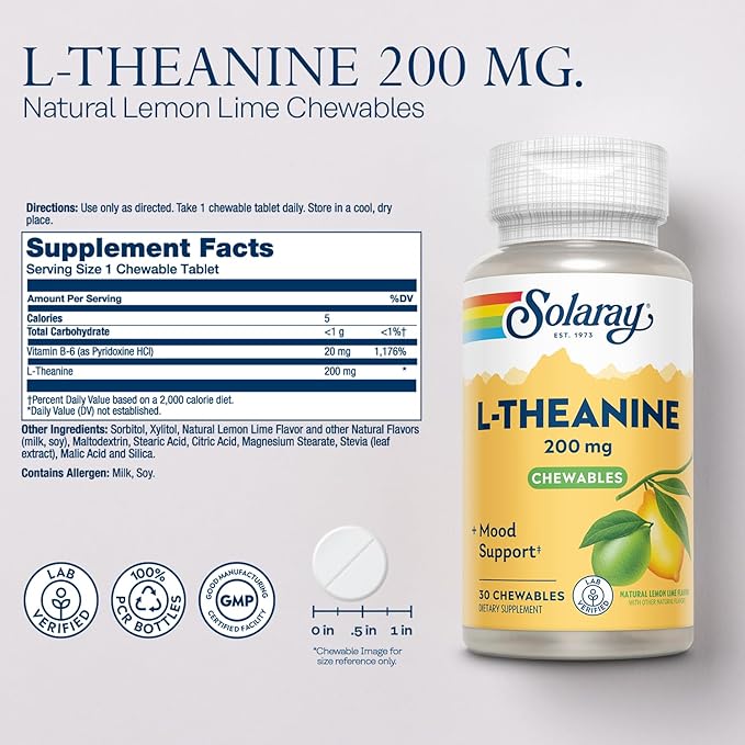SOLARAY L Theanine 200mg, Mood Support Supplement with Vitamin B6 - Calming Support During Occasional Stress - Natural Lemon Lime Flavor - 60-Day Guarantee, Lab Verified - 30 Servings, 30 Chewables