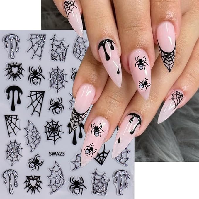 Spider Web Nail Stickers Halloween Nail Sticker for Nail Art 3D Self Adhesive Nail Decals Star Heart Water Drop Flame Design Spider Nail Art Stickers for Women DIY Salon Manicure 6 Sheet