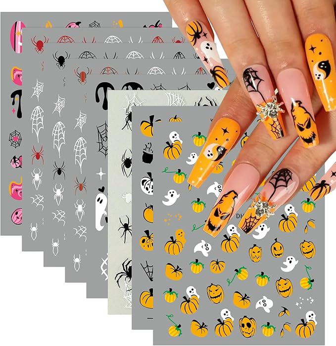Halloween Nail Stickers Spider Web Nail Decals Pumpkin Nail Art Stickers Ghost Heart Star French Tips Design Self Adhesive Nails Sticker for Nails Art for Women DIY Holiday Manicure Supplies 8 Sheet