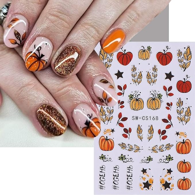 Pumpkin Nail Stickers Fall Nail Decals 3D Self Adhesive Nail Art Stickers Orange Flower Fallen Leaves Sunflower Star Design Thanksgiving Sticker for Nails Decor Manicure Supplies for Women 8 Sheet