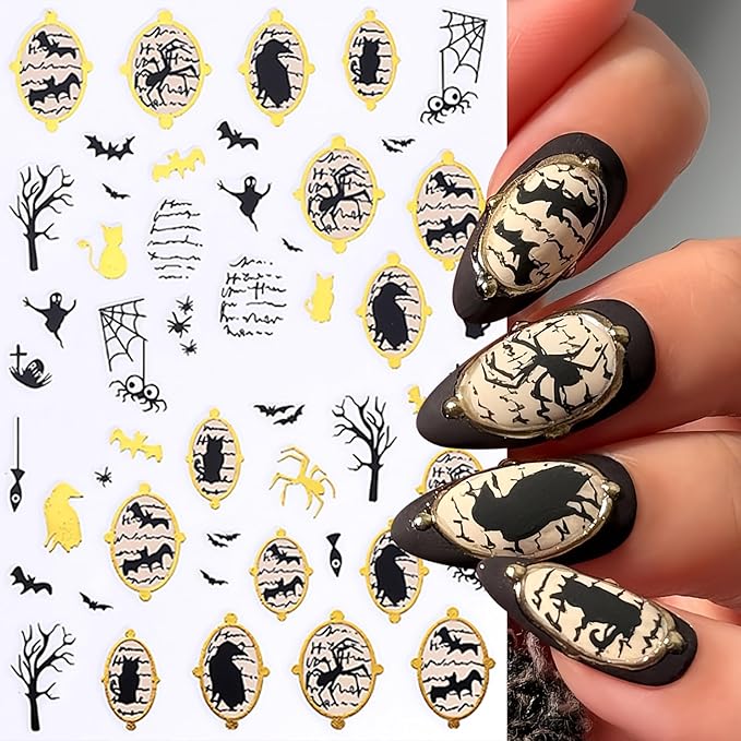 8 Sheets Halloween Nail Art Stickers Cute Ghosts Nail Decals Spooky Black Cat Flower Mirror Ghost Spider Web Design Pumpkin Bat Spider Nails Supplies Flower Ghost Nail Decor for Women DIY Manicure