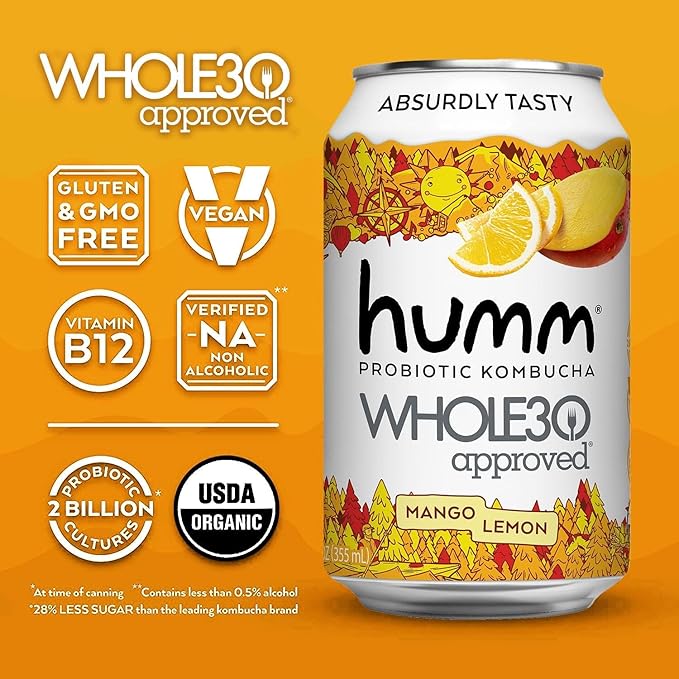 Humm Whole30 Approved Kombucha, Mango Lemon, Organic, Vegan & GMO Free (12 Pack)