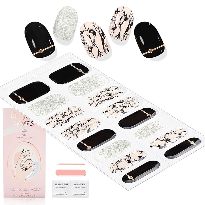 WOKOTO Semi Cured Gel Nail Strips (Black Glitzy)-16 Pcs Gel Nail Stickers | Gel Nail Wraps | UV Light Required, Salon Quality & Easy to Use, Real Nail Polish Strips Stick On Nails with Nail File
