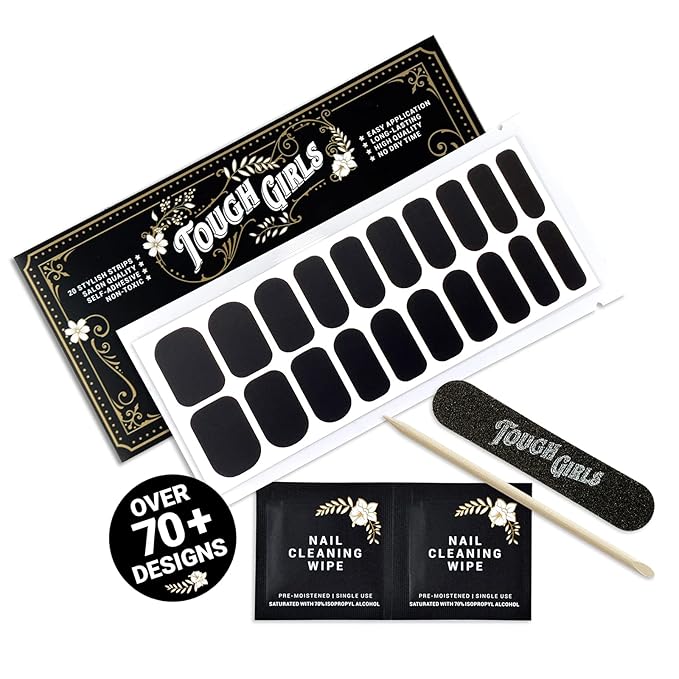 | 20 Exquisite Gel Nail Polish Strips w/Application Accessories - No UV/LED Lamp Required (Black - Matte Finish)