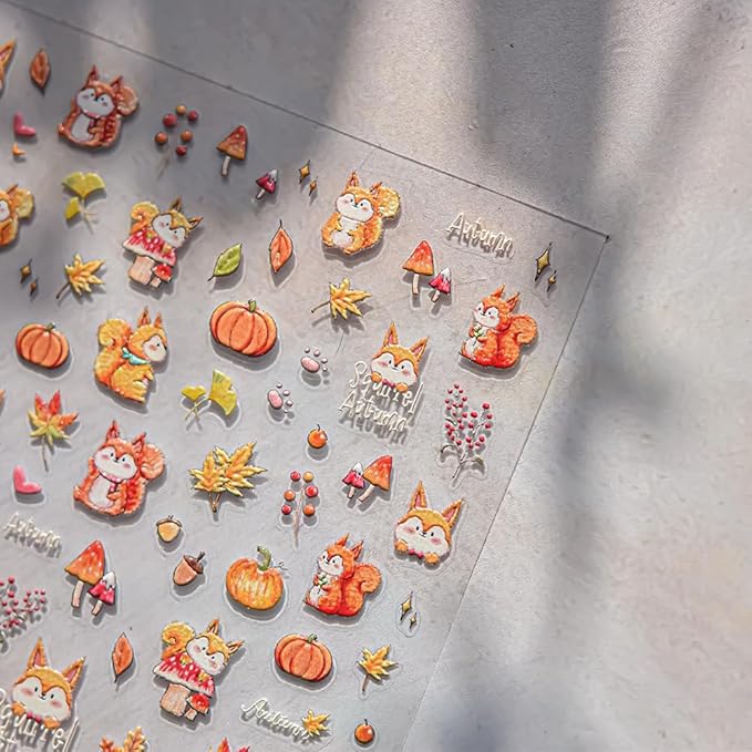 Maple Leaf Nail Stickers Fall Fox Nail Art Decals 5D Embossed Self Adhesive Autumn Leaf Pumpkin Mushroom Nuts Nails Decals for Nail Art Thanksgiving Day Nail Design for Women DIY Manicure Accessories