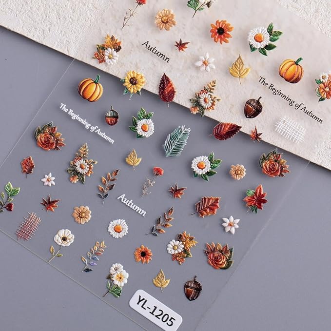 Fall Nail Art Stickers Autumn Maple Leaf Nail Decals 5D Embossed Nails Stickers Fallen Leaf Pumpkin Pine Cones Nail Supplies Autumn Flowers Nail Decals for Women Thanksgiving Day Manicure Decoration