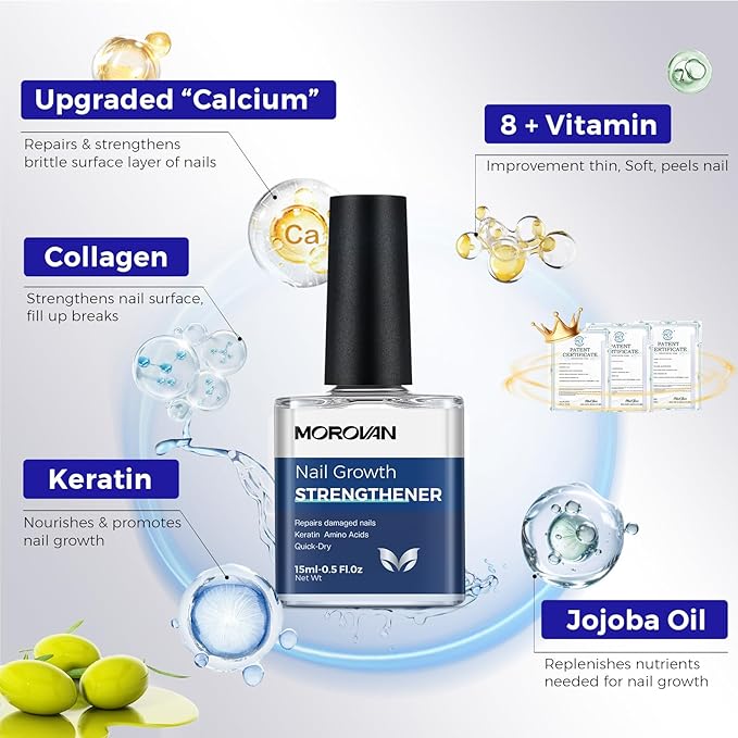 Morovan Nail Strengthener and Growth: Clear Nail Polish Hardener for Damaged Nails Treatment Natural Keratin Repair Ridge Filler Prevents Discoloration Crack Thin Essential Manicure Nail Care Women