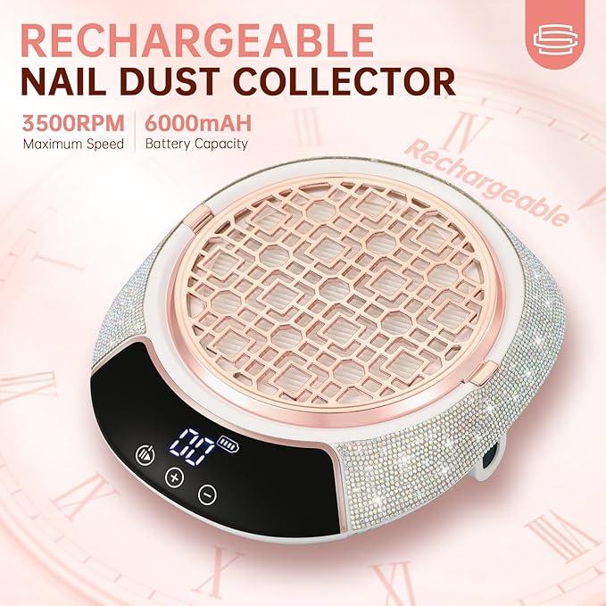 Cordless Nail Dust Collector,Portable Dust Collector Nail Tech with LED Display,Rechargeable Dust Suction Machine with Reusable Fillter for Acrylic Gel Polish,Salon & Home