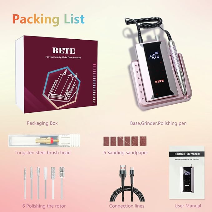 BETE Professional Nail Drill Machine, 0-40000RPM Brushless Durable Electric Nail File for Acrylic Gel Nails, Rechargeable Nail Drill with Charging Base with 6pcs Drill Bits for Salon Home, Pink