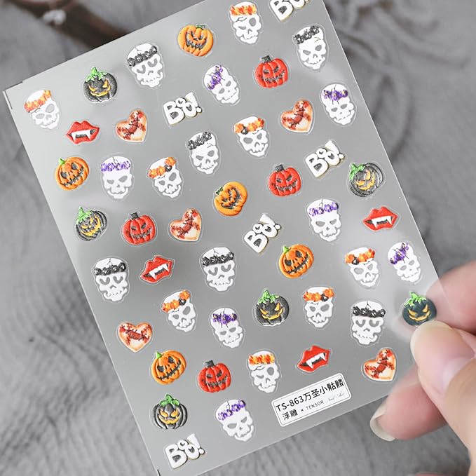Halloween Nail Stickers for Nail Art - Skull Nail Art Sticker Halloween Pumpkin Skull 5D Embossed Nail Decals Self-Adhesive Nails Supply Manicure Stickers for Nails Decoration