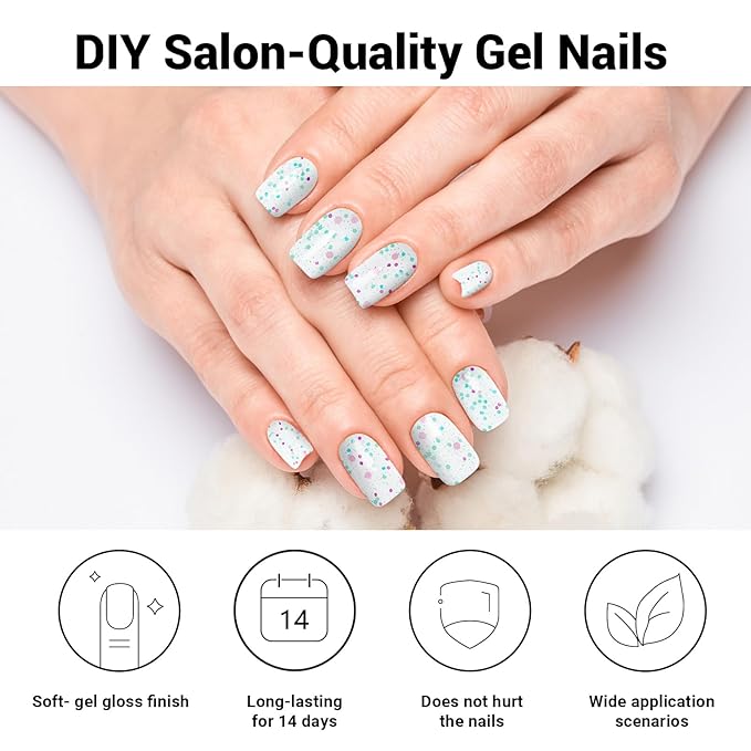 Semi Cured Gel Nail Strips, Firefly | 28 pcs Gel Nail Stickers Wraps Work with Any UV Lamp, Salon Quality, Include Prep Pads, Wood Stick