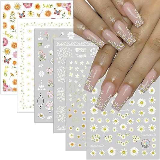 winthrop 8 Sheets Daisy Nail Art Stickers, Charming Flower Chrysanthemum 3D Trendy Design Self-Adhesive Spring Summer Nail Art Decals, DIY Manicure Decoration Supplies Accessories for Women Girls