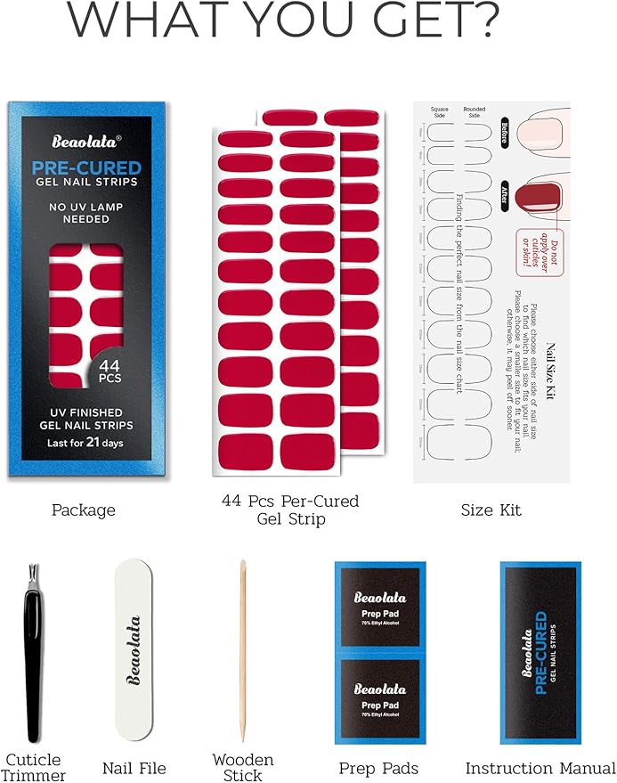 Pre Cured Gel Nail Strips - 44PCS Salon Quality Gel Nail Stickers - Long Lasting Polish Wraps for Women no UV Light Needed Easy Apply& Remove (Parisian Red）