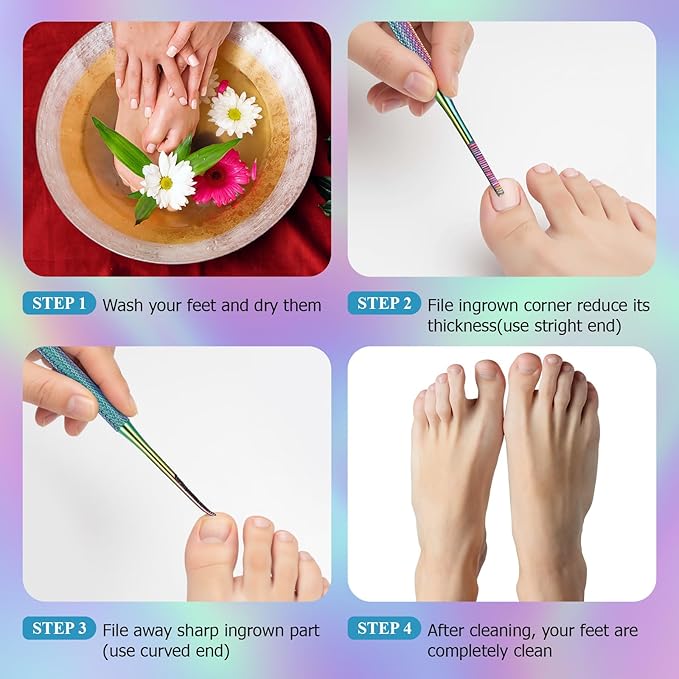 Mudder 6 Pack Ingrown Toenail Files Double Sided Toenail Lifters One Side Flat and One Side Curved Stainless Steel Manicure Treatment Removal Pedicure Tools for Feet Under Nail Cleaner (Rainbow)