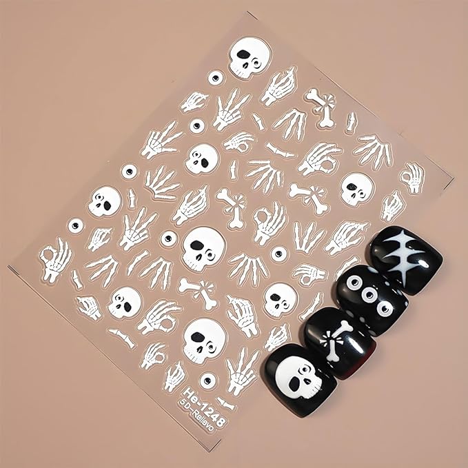 12Pcs Halloween Nail Stickers - 5D Embossed Halloween Nail Decals - Self-Adhesive Hand Bones Skull Spider Web Pumpkin Nail Design Decorations for Halloweens DIY Manicure Supplies