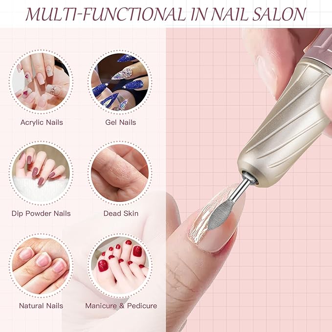 Madenia Portable Rechargeable Nail Drill Machine with LCD Screen, Professional Electric Nail File Efile for Acrylic Gel Nails Polishing Removing, Suitable for Salon Home Travel Manicure Use, Pink