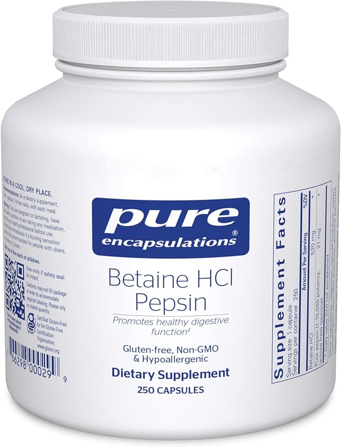 Pure Encapsulations Betaine HCl Pepsin - Digestive Enzymes Supplement for Digestion Aid & Support, Stomach Acid & Nutrient Absorption* - with Betaine HCl Pepsin - 250 Capsules
