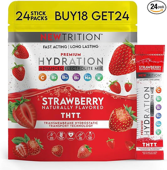 Hydration Powder, Electrolyte Powder Packets, Naturally Flavored Hydrating Packets for Water, Fast Acting Hydrate Electrolytes with Vitamins C & D (Pack of 24, Strawberry)