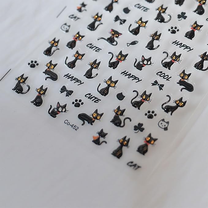 Halloween Nail Stickers for Nail Art Cool Cat Nail Art Stickers Black Fish Bow 5D Embossed Nail Decals Self-Adhesive Nails Supply Manicure Holiday for Nails Decoration