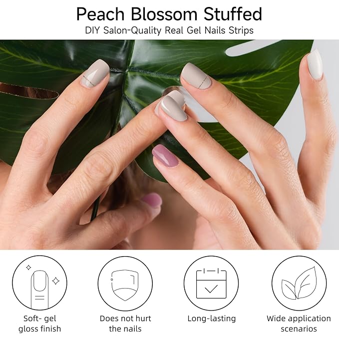 Semi Cured Gel Nail Strips, Peach Blossom Stuffed | 28 pcs Gel Nail Strips Work with Any UV Lamp, Salon Quality UV Nails Stickers, Easy to Apply for Home Nails DIY