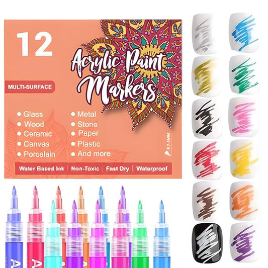 12 Colors Nail Art Pens for Painting Nails, 0.7mm Acrylic Paint Makers DIY Nail Art Markers for Kids and Adults, Quick-drying Nail Polish Pens Doodle Pens for Drawing Point Liner