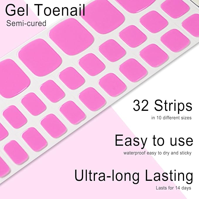 Semi Cured Gel Toenail Strips, 32 Pink B Gel Toenail Stickers - Works with Any UV Lamps Pedicure Strips Full Nail Wraps with Nail File & Wood Stick
