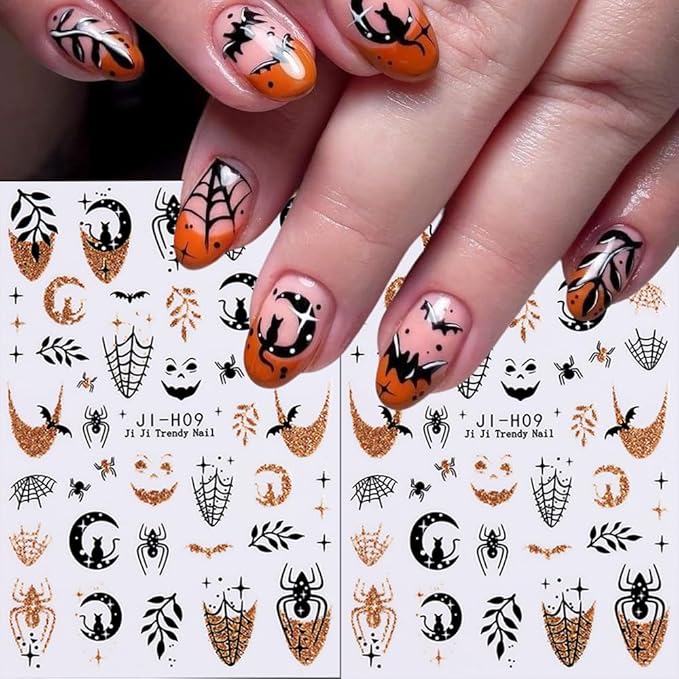 Halloween Nail Stickers Glitter Gold Spider Web Ghost Pumpkin Nail Decals 3D DIY Self Adhesive Nail Design Sticker Halloween Nail Decoration Supplies Holiday Manicure Accessories for Women Girls 6Pcs