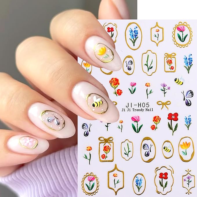 Colorful Flowers Nail Art Stickers 3D Self-Adhesive Cute Flower Nail Decals with Gold Edge Designs Nail Stickers Photo Frame Floral Leaf Nail decal Butterfly Bee Nail Sticker for Women DIY Nails Decor