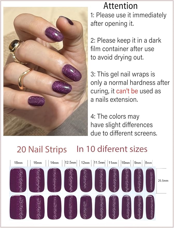 Semi Cured Gel Nail Strips, 20pcs Dark Plum, Cat Eye Stick on Gel Nails for Home Nails DIY