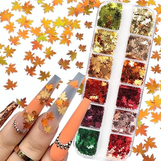 12 Grids 3D Maple Leaf Nail Glitter Sequins Fall Nail Art Stickers Decals Holographic Laser Red Gold Yellow Orange Fall Glitter Leaves Designs Autumn Nail Charms Thanksgiving Nail Art Decorations