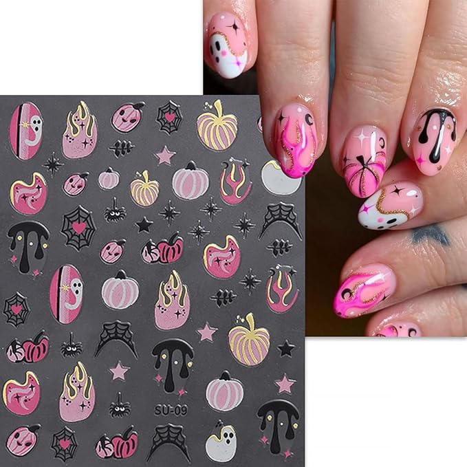 8 Sheets Halloween Nail Art Stickers Cute Ghost Spider 3D Self Adhesive Nail Stickers Gothic Pumpkin Nail Decals Gothic Skeleton Spooky Nail Design Stickers Halloween DIY Manicure Supplies