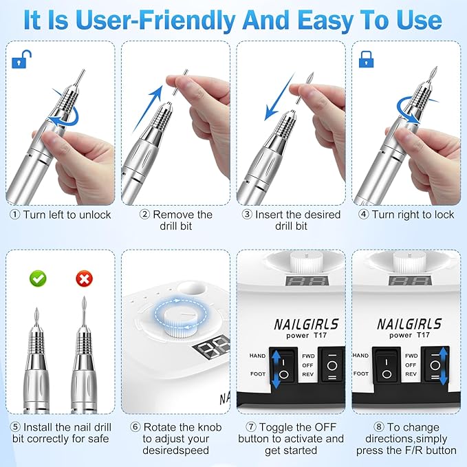 Electric Nail Drill Professional Machine,NAILGIRLS Electric Nail File E-File Nail Drill Kit for Gel Acrylic Nails,Portable 35000RPM Manicure Pedicure Polishing Shape Tools for Home Salon Use