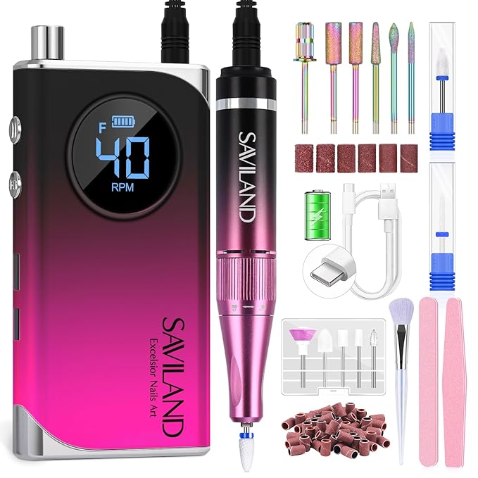 SAVILAND Professional Electric Nail Drill Machine: 40000RPM Rechargeable Nail Drill File with 4000mAh Battery, Ceramic Bit and Sanding Bands for Manicure, Pedicure, Shaping & Acrylic Removal Salon Use