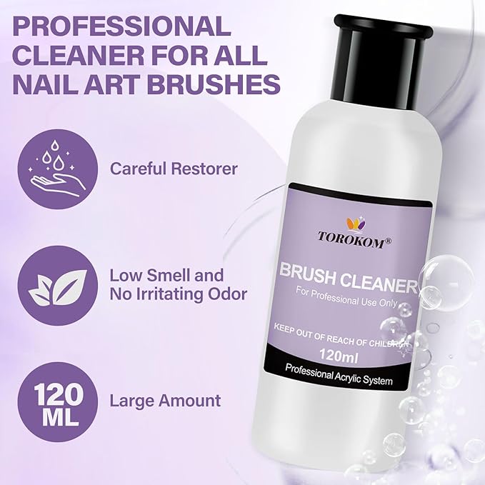 TOROKOM Acrylic Nail Brush Cleaner, 4 OZ Acrylic Brush Cleaner Nail Brush Cleaner Conditioner with Dappen Dish and Nail Cleaning Pads for Quickly Clean Gel Polish, Nail Extension Gel, Acrylic Nails