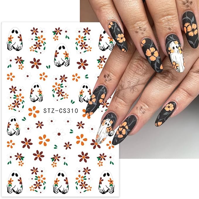 8 Sheets Halloween Nail Stickers 3D Self-Adhesive Horror Mushroom Nail Art Stickers Cat Flower Spider Pumpkin Nail Design Cute Ghost with French Tip Gothic Nail Decals for Women Manicure Salon