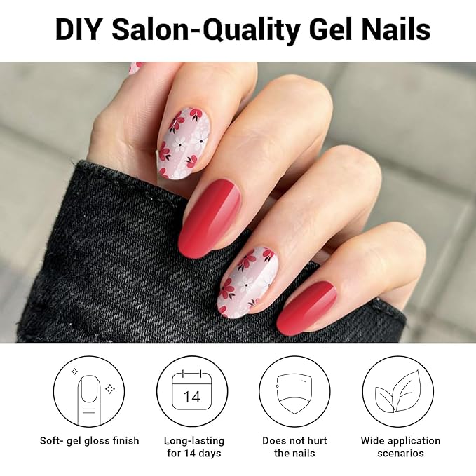 Semi Cured Gel Nail Strips, Red | 28 pcs Gel Nail Strips Work with Any UV Lamp, Salon Quality UV Nails Stickers, Easy to Apply for Home Nails DIY