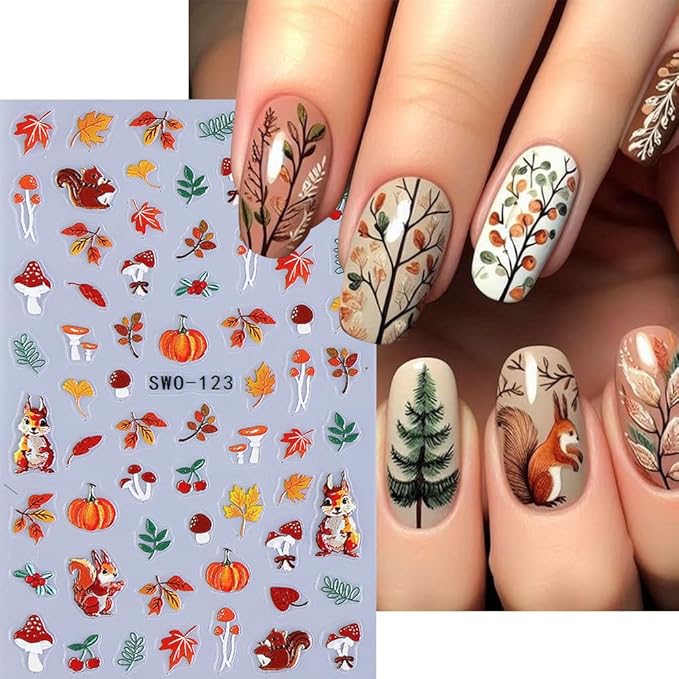 3D Fall Nail Stickers for Nail Art Thanksgiving Pumpkin Nail Art Stickers Maple Leaf Tree Nail Decals Autumn DIY Self Adhesive Nail Design Supplies Nail Decoration for Women Manicure Accessories 4Pcs
