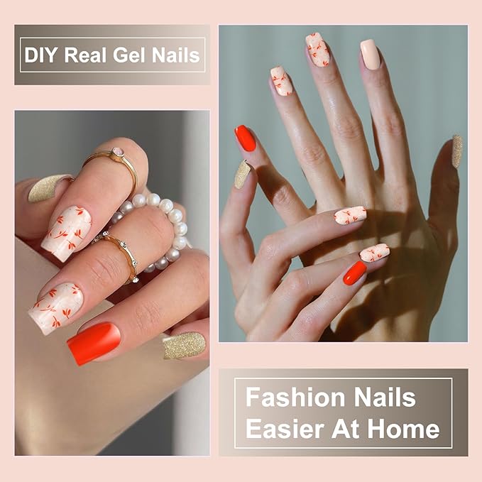 Semi Cured Gel Nail Strips,28 Pcs Fall Nail Stickers for Women,UV Gel Strips Work with Any UV Lamp, Long Lasting, Includes Prep Pads, NailFile & Wood Stick