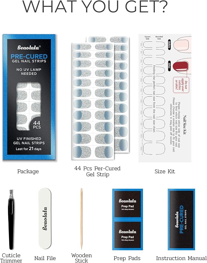 Pre Cured Gel Nail Strips - 44PCS Salon Quality Gel Nail Stickers - Long Lasting Polish Wraps for Women no UV Light Needed Easy Apply& Remove (Dreamy Blue）