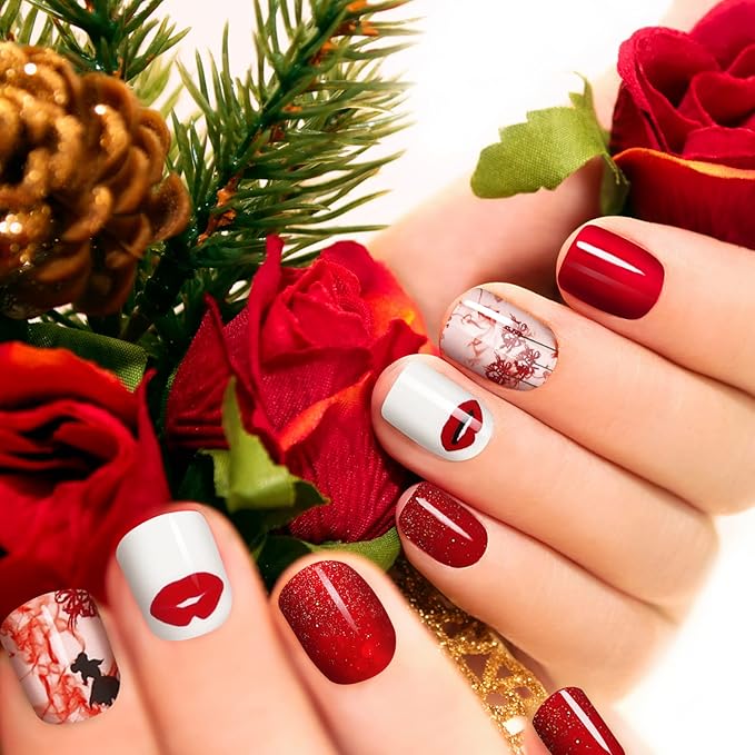 140 Pcs 10 Sheets Valentine's Day Full Wrap Nail Stickers Polish Strips Gradient Stickers Glitter Self Adhesive DIY Art Decals Strips with 2 Pcs Nail Files for Valentine Decor