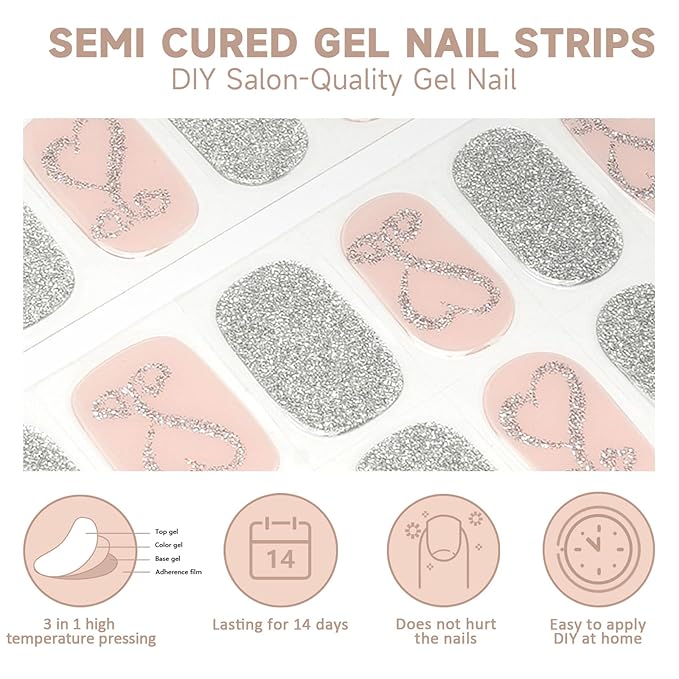 Semi Cured Gel Nail Strips,28 Pcs Gel Nail Stickers Wraps (Glitter Heart),Long Lasting Polish Strips with UV Light, Easy to Apply