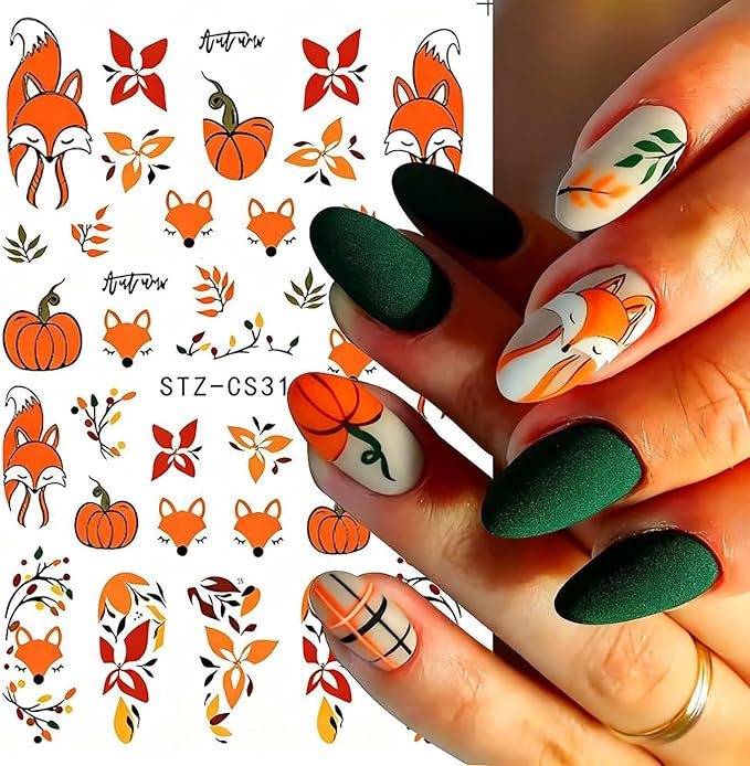 Fall Nail Art Stickers, Cute Fox Nail Art Decals 3D Self-Adhesive Maple Leaves Pumpkin Bow Nails Stickers Fall Blossom Flowers Nail Design 8Pcs Nail Art Supplies for Women Nail Decoration