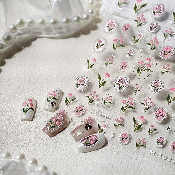1Pcs Tulip Nail Art Stickers 5D Embossed Flower Nails Decals Silver Hot Stamping Irregular Geometric Frames Design Pink Flower Nail Stickers Self Adhesive Floral Nails Supplies for Women Manicure